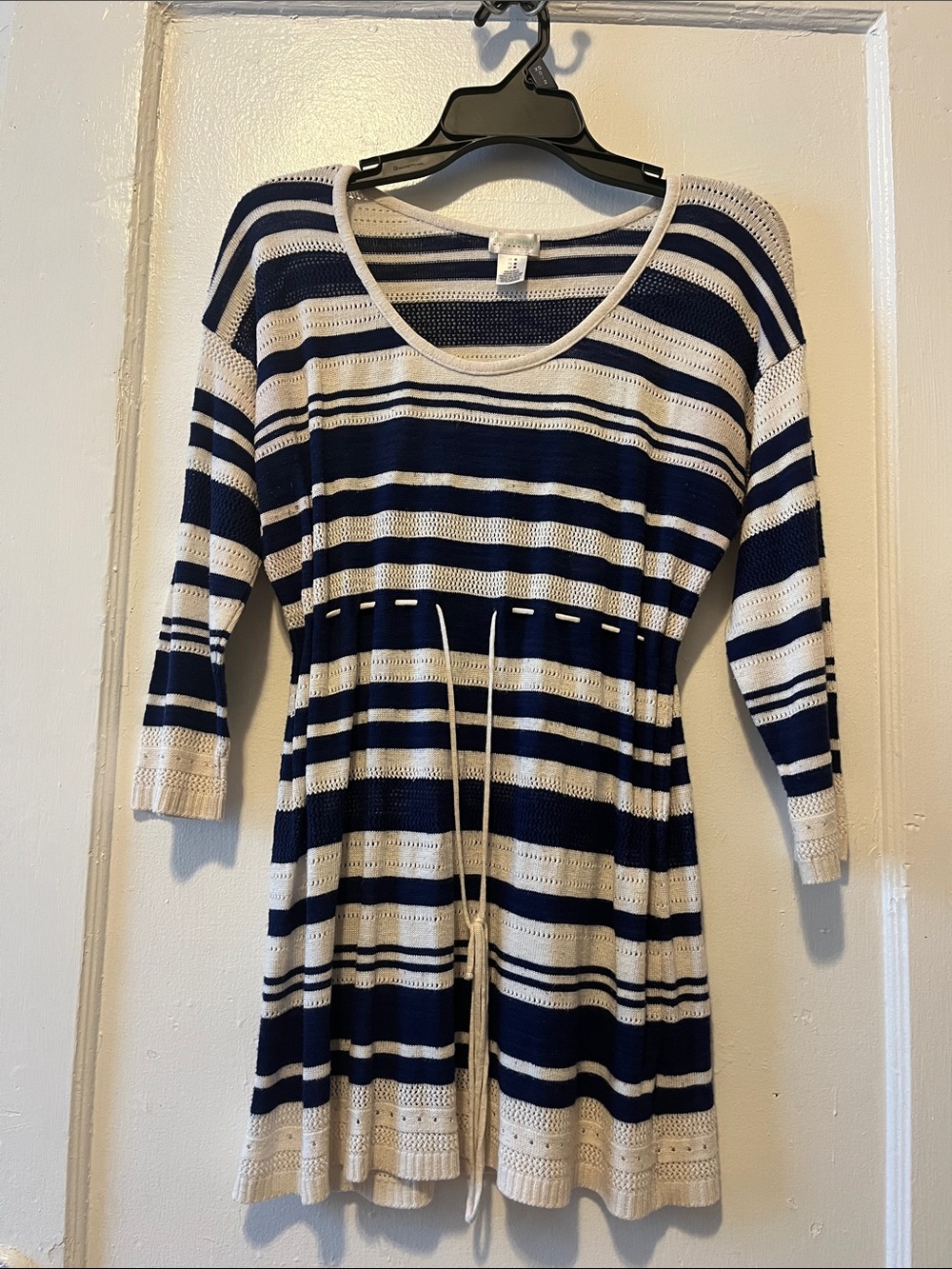 Women’s Navy and White Striped Knit Tunic with Drawstring Waist